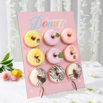 1 套 26*35 厘米浅粉色木制甜甜圈展示架支架板，适用于 9 个甜甜圈、食品展示架、DIY 甜点装饰道具、蛋糕装饰架、生日派对桌面装饰、婚礼新娘送礼会、粉色生日装饰、公主派对装饰、单身派对、迎婴派对性别揭秘派对用品