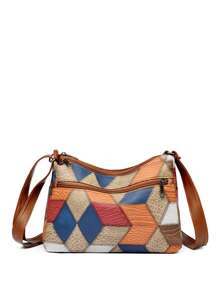 Bolso de hombro de mujer de PU con bloques de color y parches, de gran capacidad con múltiples bolsillos, bolso cruzado para compras, casual, para vacaciones y viajes, bolso de mensajero versátil con monedero y bolsa cuadrada plisada para ir al trabajo diario
