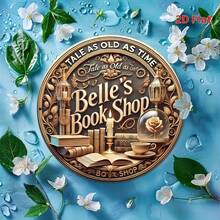 8x8 英寸复古金属墙面艺术标牌 - “Belle's Book Shop”，舒适的咖啡馆设计，配有书籍、灯具和花卉装饰 - 易于悬挂，耐用的金属结构，适用于卧室、厨房、餐厅、酒吧 - 非常适合家居、办公室或礼品装饰，复古咖啡馆设计，书籍装饰，房间装饰 - 彩色 - 查看 8