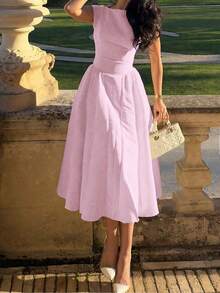 Váy suông hở lưng màu trơn thanh lịch dành cho nữ, phù hợp cho lễ Eid, dạ hội, những dịp trang trọng, sinh nhật, khách dự tiệc cưới, hòa nhạc - Hồng - Xem 1