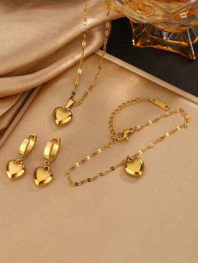 VceTd 1 Set Romantic Stainless Steel Jewelry Set With Glossy Heart Pendant, Suitable For Women To Wear On Dates Or Engagements, Or As A Gift For Loved Ones On Holidays