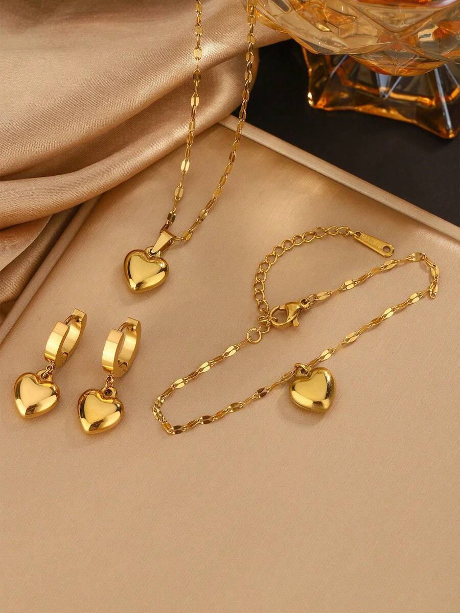 VceTd 1 套浪漫不锈钢首饰套装，配有光泽的心形吊坠，适合女性在约会或订婚时佩戴，或作为节日送给爱人的礼物 - 金色 - 查看 1