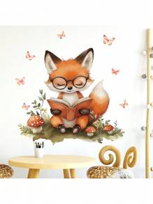 可爱狐狸儿童阅读墙贴 - 卡通书迷动物墙贴，适用于幼儿园、书房装饰、可移除教育教室装饰儿童房 - 彩色 - 查看 7