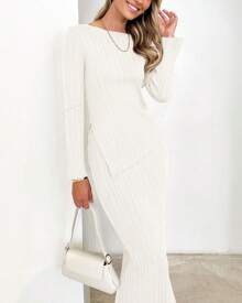 Women 2 Piece Outfits Long Sleeve Asymmetric Slit Hem Tops Midi Bodycon Skirt Sets Lounge Knit Sweater Set