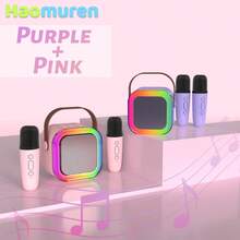 Haomuren A Set Of  Portable Karaoke Speaker With Distinctive RGB Lighting, One Rechargeable Karaoke Speakers And Two Wireless Microphones With Voice Change, Perfect For Gifts/Parties, Support TF Card/Headphone Jack/USB-C Charging, Two Colors- Pink & Purple, 1800mAh Battery