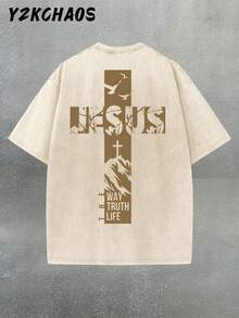 Y2k Men Style Retro Double-Sided Text Pattern Jesus JESUS Cross Print Washed Thickened Cotton T-Shirt - Creative Design, Unisex Casual Street Style, Jesus Surprise Gift, One Retro Washed 230g Top, Thickened Pure Cotton Material - 杏色 - 查看 3