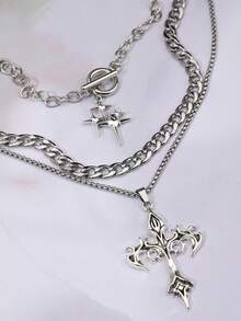 3pcs Gothic Style Shining Star Stainless Steel Chain Necklace Set, Including Flame Cross Pendant For Women & Y2K Style For Men - Silver - View 4