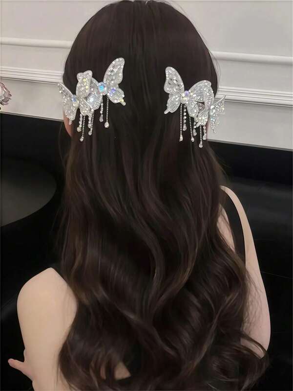 1pc/2pcs Spring/Summer Elegant Women Rhinestone Butterfly Tassel Claw Clip, Suitable For Ponytail, Bangs, Side Hairstyle Decoration, Fit For Party, Dress, Daily Outfit, Bohemian Cute & Elegant Style Hair Accessories