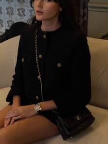 女式纯色粗花呢圆领口袋前扣休闲夹克 - 黑色 - 查看 3