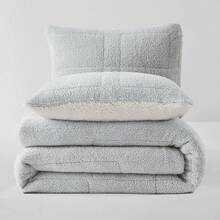 Comforter Set 3 Piece, Plush Fluffy Bedding, Geometric Pattern, Lightweight Bedspread Blanket All Season, Faux Comforter - Gray - View 7