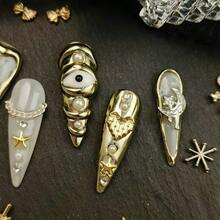 10pcs Gold 3D Decorative Press On Nails Handmade Acrylic French Y2K Style Milky White Nude Color Stiletto Full Coverage Fake Nail Set With Pearl Star Bow Moon Eye Cross Details Luxury Cute Press On Nails For Valentine's Day Gifts Easter Party Wedding Daily Wear Comes With Mini Nail File And Double Sided Adhesive Tabs - 金色 - 查看 4