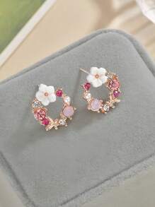 2pcs Fashionable Earrings With Rhinestone Flower, Creative Earrings For Girls - Multicolor - View 1