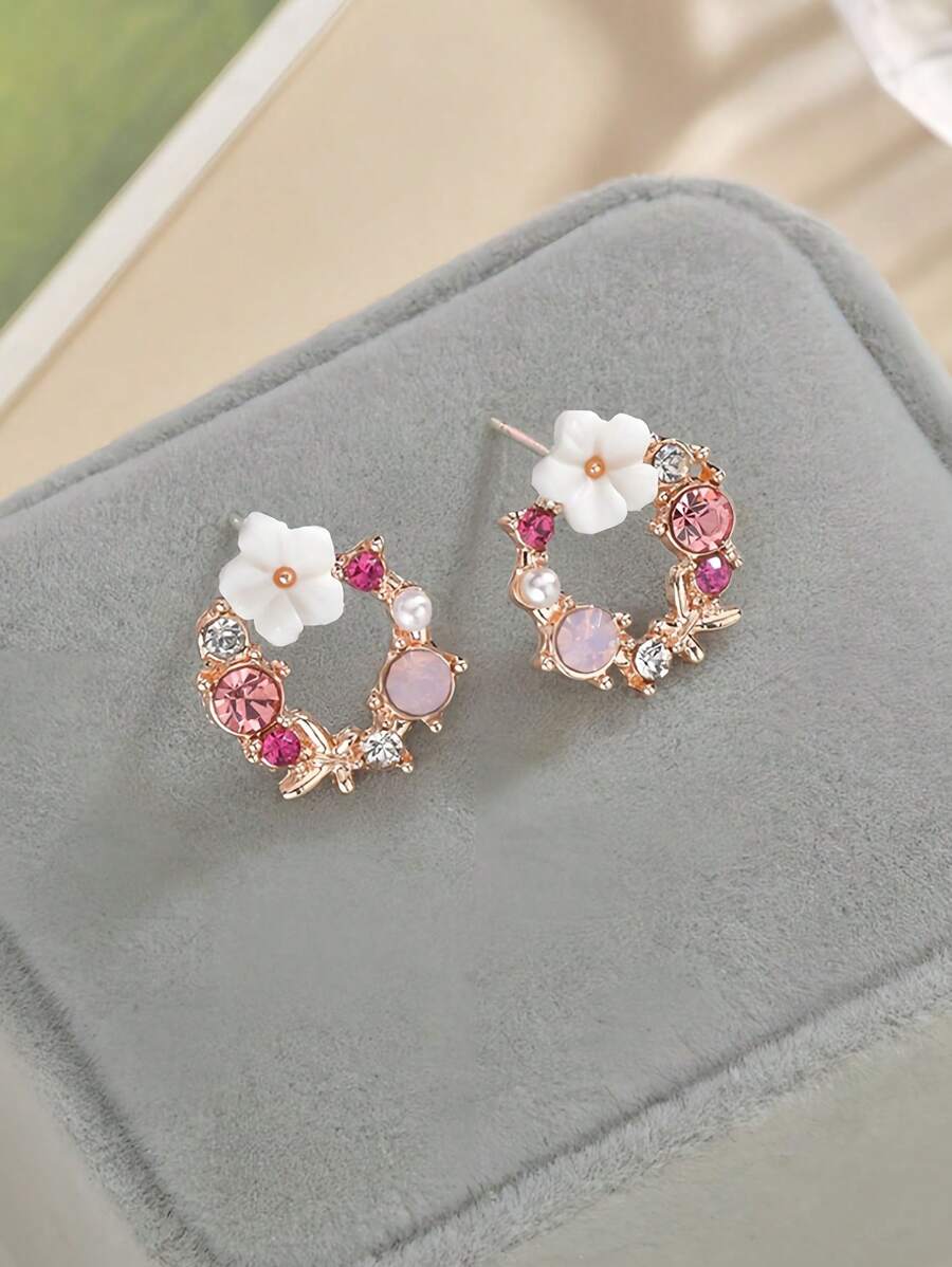 2pcs Fashionable Earrings With Rhinestone Flower, Creative Earrings For Girls - Multicolor - View 1