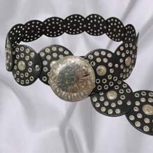 1 buc Curea circulară din PU pentru femei, curea din metal cu lanț, curea din piele strălucitoare, stil boem la modă, potrivită pentru uz zilnic, vara, școala, toamna, Halloween