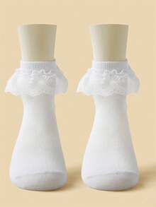 6 Pairs Girls White Double Lace Trim Princess Dancing Socks, Breathable Mesh Net Ankle Socks