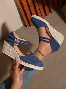 Elegant Fashion Casual Versatile Daily Commute Solid Color Casual Commute Outdoor Party Elegant Party Holiday Fashion Knitted Lace-Up Women's Thick Bottom Wedge High Heel Shoes, Autumn, Festival, Wedding, Holiday, Party, Indoor & Outdoor, All Seasons