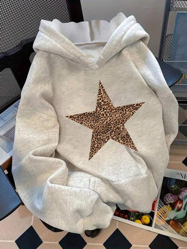Leopard Print Star Pattern Pullover Sweatshirt, Solid Color Long Sleeve Drop Shoulder Casual Hoodie For Women, Autumn/Winter