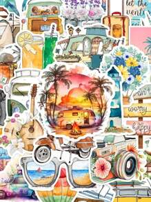 50pcs Outdoor Travel Theme Stickers, Ins Style Fresh, PVC Waterproof Material, Gift Box Decor, Label Stickers, Envelope Seals, Graffiti Stickers, Decor For Guitar, Notebook, Luggage, DIY Crafts, Planner Decoration