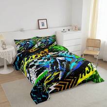 2/3Pcs Dirt Bike Comforter Set, Motocross Rider Comforter, Extreme Sports Motorbike Motorcycle Bedding Set, Sports Competition Duvet Set, Hexagonal Decor Quilt Set, Room Decor, All Season Soft Warm, Festival Birthday Gifts Decoration Ornaments - Multicolor - View 2