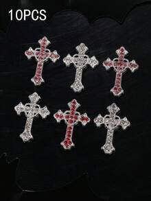 10 件欧美风格水钻合金心形十字架指甲饰物，Y2K 金属风格 DIY 大号指甲宝石，3D 艺术指甲钻石首饰指甲配件美甲用品美甲用品 - 彩色 - 查看 10