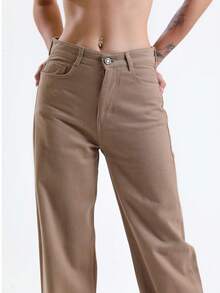 Damen Leinen Hosen mit hoher Taille und weitem Bein, einfarbig, Lässig mit Knopf, Reißverschluss und Taschen