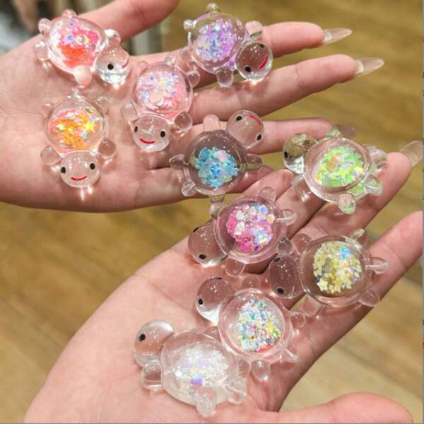 10pcs/20pcs/30pcs,Glow-In-The-Dark Mini Sea Turtle Ornaments, Sea Turtle Figurines, Glow-In-The-Dark Mini Resin Animals, Cartoon Cute Glowing Little Sea Turtles, Built-In Shiny Sequins Design