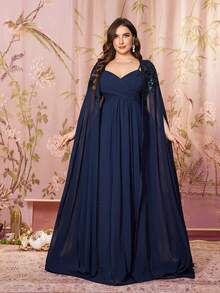 Váy Maxi Chiffon Thanh Lịch Có Eo Xếp Ly, Thiết Kế Hoa Thêu, Cổ Khăn Choàng Không Tay, Trang Trí Đính Hạt - Màu xanh hải quân - Xem 3