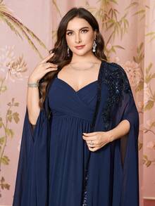 Váy Maxi Chiffon Thanh Lịch Có Eo Xếp Ly, Thiết Kế Hoa Thêu, Cổ Khăn Choàng Không Tay, Trang Trí Đính Hạt - Màu xanh hải quân - Xem 5
