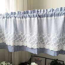 1pc Blue Plaid Voile Short Curtain, Pastoral Style Cute Pink Lace Curtain With Rod Pockets, Decorative Window Curtain For Living Room, Bedroom, Valance - Blue - View 4