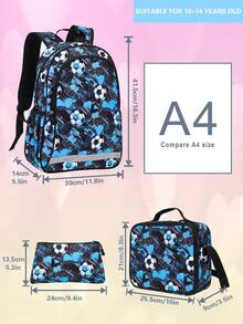 GUSTELL 3pcs Set Kids Backpack With Lunch Box & Pencil Case, Football, Dinosaur, Cartoon Pattern, Suitable For Travel, Camping, Outdoor, With Padded Back And Adjustable Straps, Fashionable Printed (Football Pattern) - Bundles - View 15
