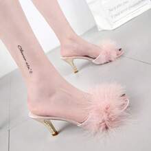 Local Shipping 2025 New  Cute Fuzzy Heels Furry Kitten Heels For Lingerie Wedding BirthdayWomen Sexy Slipper - Hồng - Xem 6