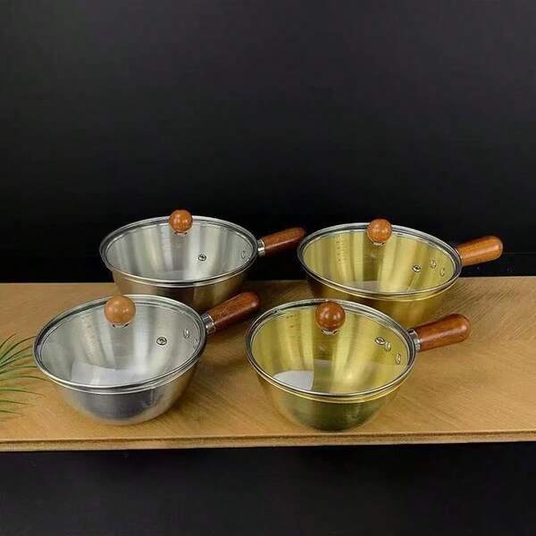 1pc Ins Style Walnut Handle Stainless Steel Small Pot | One-Person Cooking Pot For Frying, Boiling Instant Noodles | Dorm Necessity | Oil Splatter Frying Pan | Mini Wok For Home Use