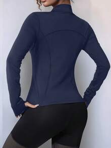 加大码拉链长袖运动夹克，女士紧身拇指孔袖口健身瑜伽跑步运动服外套春季款 - 寶藍色 - 查看 3