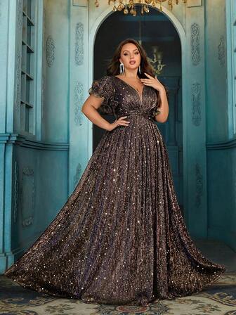 QOQ Women Party Formal Dress Bling Plus Size Summer Evening Gown For Evening Party, Birthday Party, Charity Prom, Dinner Party Purple Ruffled Short Sleeve Pleated Back Zipper Dresses