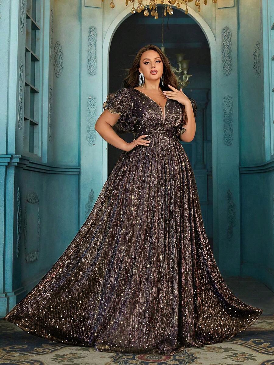 QOQ 大码女士亮面夏季晚礼服，适合盛大晚宴、生日派对、慈善舞会、正式晚宴等正式场合，紫色荷叶边袖褶皱后背拉链连衣裙 - 棕色 - 查看 1