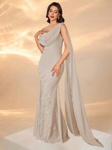 Woman's Plunging Neckline Sleeveless Dress With Long Ribbons, Pleated Bust, Solid Color, Body-Hugging, Exquisite Rhinestone Embellished Elegant Gown (Random Rhinestone Direction) With Back Tie And Mini Fish Tail Hem - Apricot - View 7