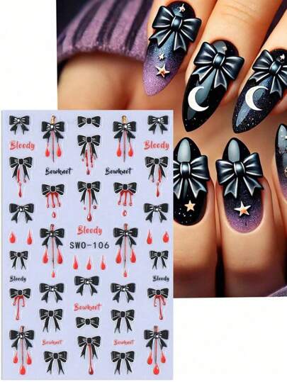Autocollants pour ongles 5D motif nœud d'Halloween, 2 pièces, motif gouttes de sang, nœud noir et blanc, DIY, Y2K, autocollants pour vernis gel, accessoires de décoration pour ongles