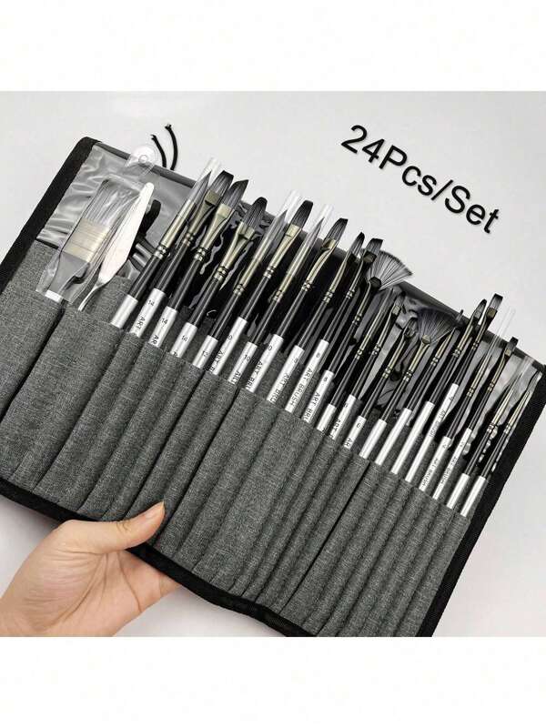 1 Set Of Grey 24-Piece Nylon Paintbrush Set; Watercolor, Acrylic, Oil Painting Multi-Functional Brush Set. School Supplies, Back To School