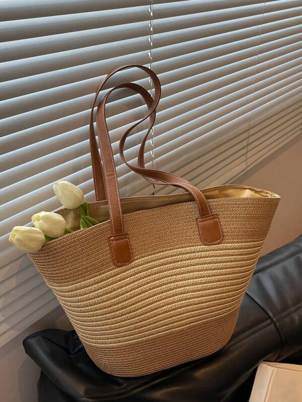 Minimalist Large Capacity Contrasting Color Woven Tote Bag, Portable Shoulder Handbag For Women, Suitable For Vacation And Travel