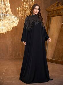 UNITHORSE Plus 女装优雅立领长袖重工烫钻缎面超长气质晚礼服 - 黑色 - 查看 5