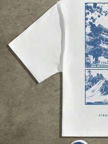Street Style Original Blue Japanese Crane & Ukiyo-E Landscape Print Cropped T-Shirt Men's Cropped Tops Graphic Tees Streetwear - trắng - Xem 3