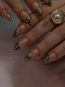 Instantly Upgrade Your Look With 24pcs Personalized Vintage Street Simple Daily Elegant 3D Gold Asymmetric Heavy Metal And Golden Asterism Rhinestone Decor French Short Almond Fake Nail Kit, Suitable For Elegant And Personalized Girls And Women To Use In Daily Life