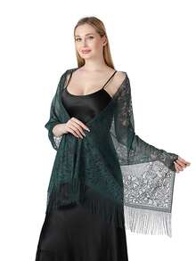 قطعة واحدة، وشاح كلاسيكي للسيدات، لون أحادي، مفرغ، قابل للتنفس ومزين بالشراريب، وشاح أناقة حريري لفستان السهرة الزفاف