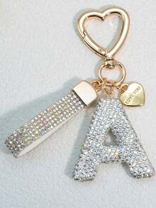 1pc Soft Pottery Pink Letter Rhinestones Keychain, Cute & Personalized Bag Charm, Car Key Chain, Heart Decor Gift For Mom, Friend, Valentine's Day School - White - View 4