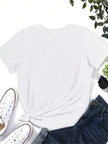 Camiseta festiva de primera Navidad de mamá con estampado de renos y regalos - Camiseta casual de cuello redondo de manga corta con diseño de bloques de color, mezcla de poliéster y spandex, suéter tejido para celebraciones navideñas - Blanco - Ver 5