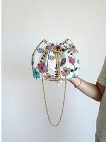 新款中国风亚麻单肩包，书法单肩包，复古印花水桶包，女士休闲时尚手提包，春季托特包 - 彩色 - 查看 2