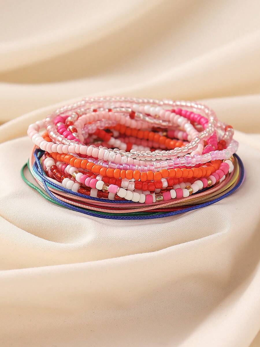 24pcs/Set Boho Colorblock Seed Bead Bracelets, Layered Woven Bracelets Suitable For Women Daily Casual Beach Vacation Wear - Stacking Suit - View 1