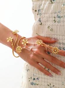 Juego de brazalete y anillo de apertura sencilla con múltiples círculos, estilo clásico retro (sin estuche de regalo)