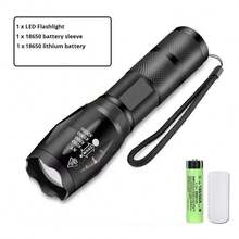 1pc 2200 Lumen Zoomable Flashlight, 500M Beam, 5 Brightness Modes T6 Tactical Lamp, IPX4 Waterproof, Portable Aluminum Alloy, 18650/USB Fast Charging, For Outdoor Rescue, Camping, Night Work, Home Lighting
