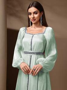 Women's Elegant Sequin Splice Lantern Sleeve Dress, Spring/Summer - Green - View 7